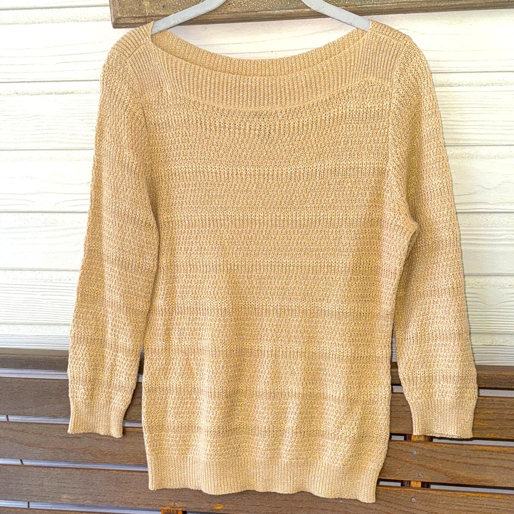Lauren Ralph Lauren Gold Metallic Shimmer Linen Blend Boatneck Sweater